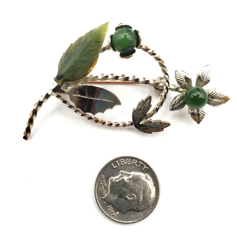 Vintage Green Stones Silver Tone Floral Spray Brooch Pin
